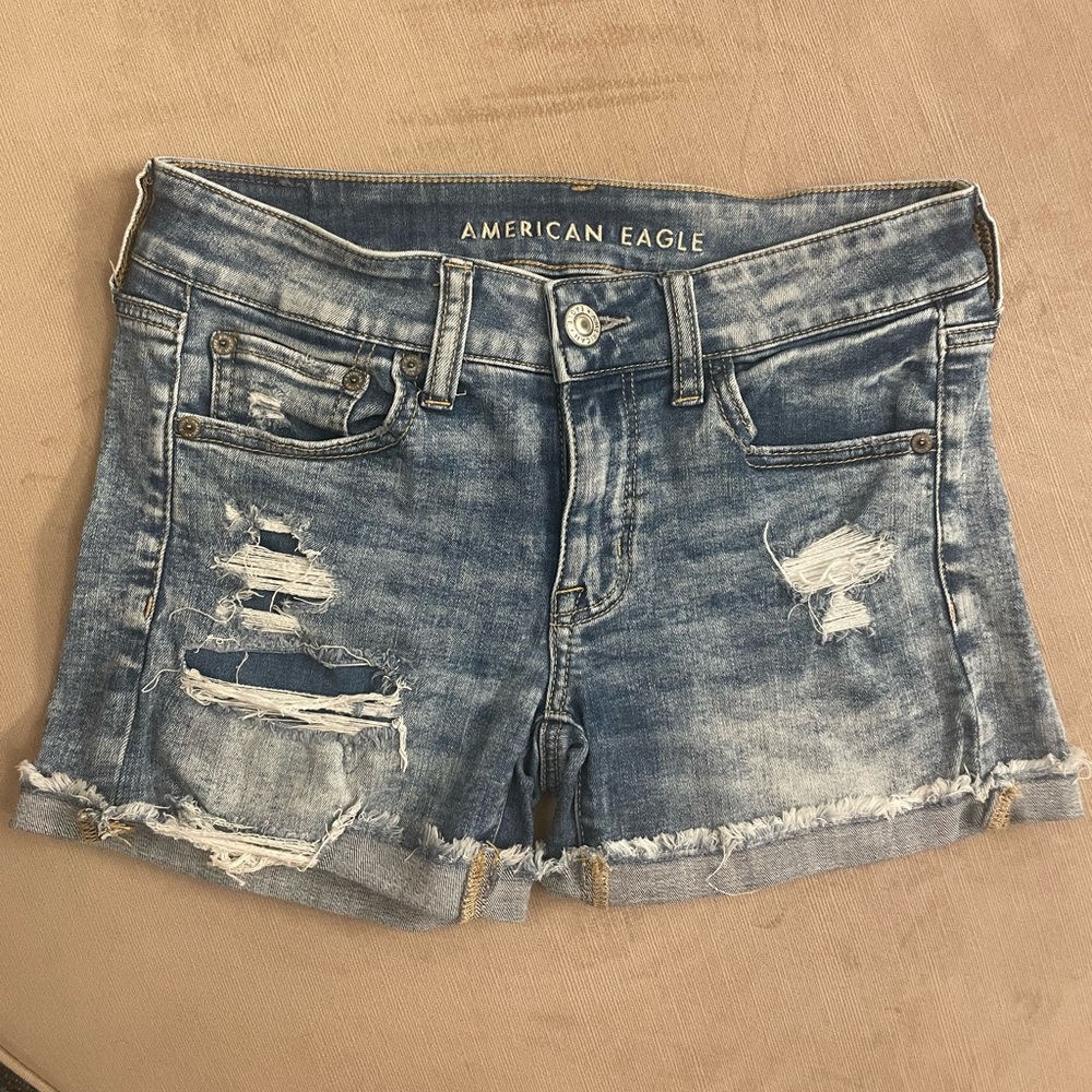 American Eagle Outfitters Blue Distressed Denim Shorts